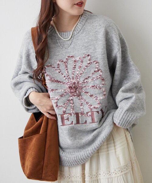 continuer de NICE CLAUP（コンティニューデナイスクラップ）の「ブラシヤーンお花ジャガードニット（ニット/セーター・レディース・アイボリー/ボルドー/ネイビー/グレー・FREE）」の12枚目の写真