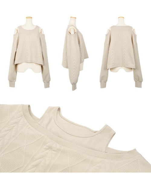 KOBE LETTUCE（コウベレタス）の「レイヤード風ケーブルデザインオフショルトップス（スウェット・レディース・アイボリー/ブラック・M）」の8枚目の写真