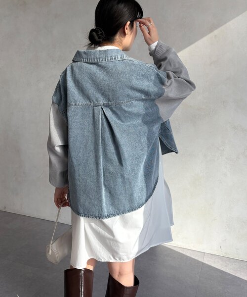 DouDou（ドゥドゥ）の「【WEB限定】袖ニットデニムジャケット（その他アウター・レディース・オフホワイト/サックスブルー・FREE）」の3枚目の写真