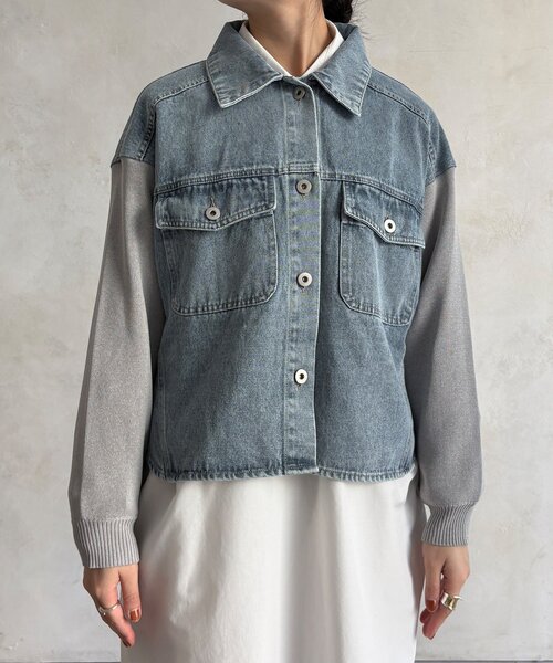 DouDou（ドゥドゥ）の「【WEB限定】袖ニットデニムジャケット（その他アウター・レディース・オフホワイト/サックスブルー・FREE）」の4枚目の写真