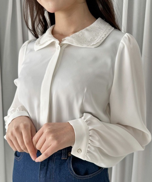an another angelus(アンアナザーアンジェラス)の「レースリボンタイ付きブラウス/fint フィント(シャツ/ブラウス・レディース・オフホワイト/ブルーグレー・FREE)」の8枚目の写真