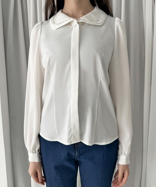 an another angelus(アンアナザーアンジェラス)の「レースリボンタイ付きブラウス/fint フィント(シャツ/ブラウス・レディース・オフホワイト/ブルーグレー・FREE)」の9枚目の写真