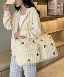 【大容量】【2WAY】多ポケット 総柄刺繍 キルティング ボストンバッグ くまさん チューリップ