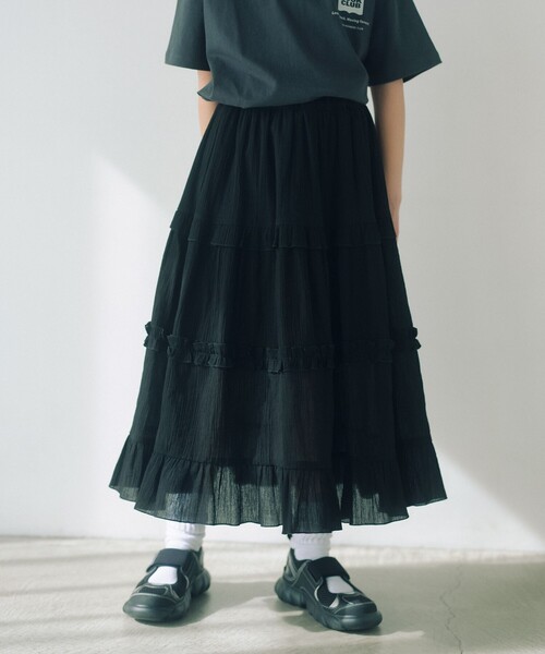 green label relaxing(グリーンレーベルリラクシング)の「楊柳フリル ロングスカート / キッズ 140cm-160cm(スカート・キッズ・ブラック/オフホワイト・140cm/150cm/160cm)」の1枚目の写真