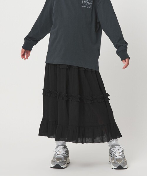 green label relaxing(グリーンレーベルリラクシング)の「楊柳フリル ロングスカート / キッズ 140cm-160cm(スカート・キッズ・ブラック/オフホワイト・140cm/150cm/160cm)」の4枚目の写真