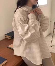 フード付きストライプフリルブラウス