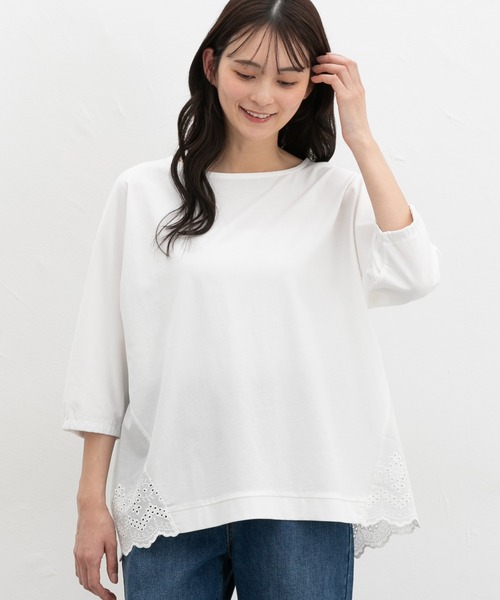 Honeys(ハニーズ)の「【ハニさら・接触冷感・UVカット】7分レース使いチュニック(Tシャツ/カットソー・レディース・ブルー/オフホワイト/モカ/ブラック・M/LL/L)」の1枚目の写真