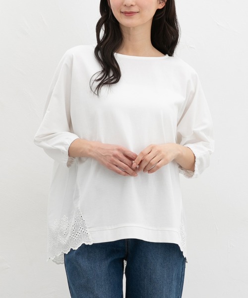 Honeys(ハニーズ)の「【ハニさら・接触冷感・UVカット】7分レース使いチュニック(Tシャツ/カットソー・レディース・ブルー/オフホワイト/モカ/ブラック・M/LL/L)」の13枚目の写真