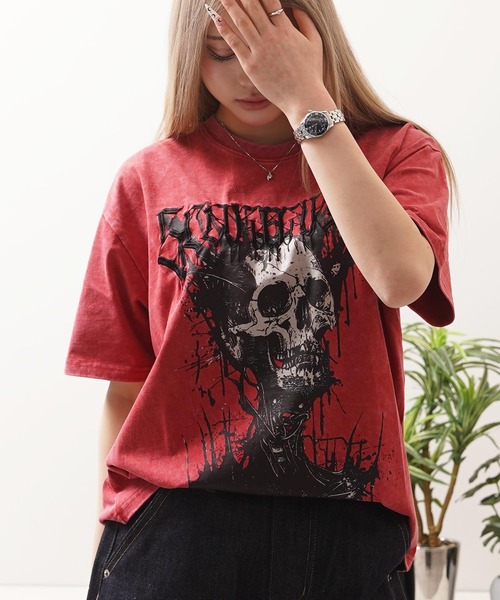 1111clothing(ワンフォークロージング)の「硫化天竺 スカルデザイン Tシャツ / Sulfurized Tenjiku Skull Design T-Shirt(Tシャツ/カットソー・メンズ・ブラック/レッド/グレー・M/XL/L)」の3枚目の写真