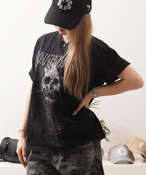 1111clothing(ワンフォークロージング)の「硫化天竺 スカルデザイン Tシャツ / Sulfurized Tenjiku Skull Design T-Shirt(Tシャツ/カットソー・メンズ・ブラック/レッド/グレー・M/XL/L)」の5枚目の写真