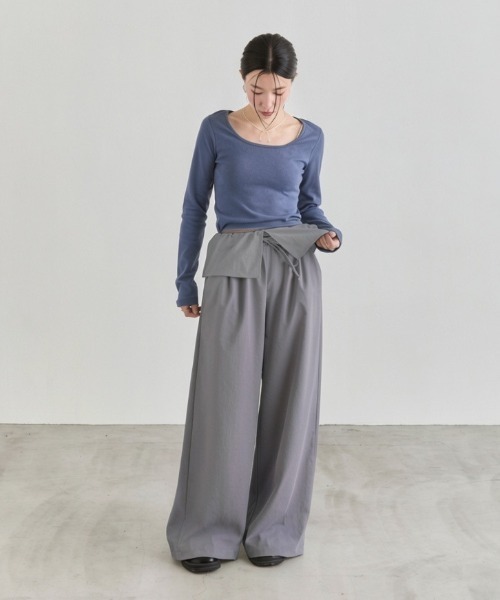 NUJOH(ヌゾ)の「Layer Waist Wide Pants / レイヤーウエストワイドパンツ(その他パンツ・レディース・グレー/ブラック/ベージュ・FREE)」の9枚目の写真