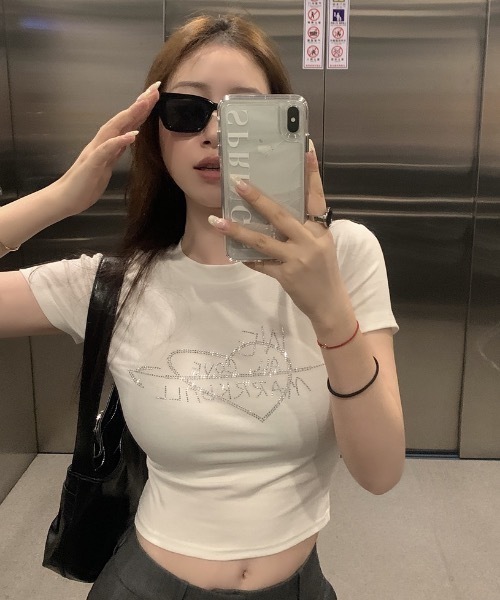 SHEPP（シープ）の「ラインストーンチビT（Tシャツ/カットソー・レディース・ブラック/ホワイト系その他/ホワイト/ブラック系その他・M/S）」の8枚目の写真