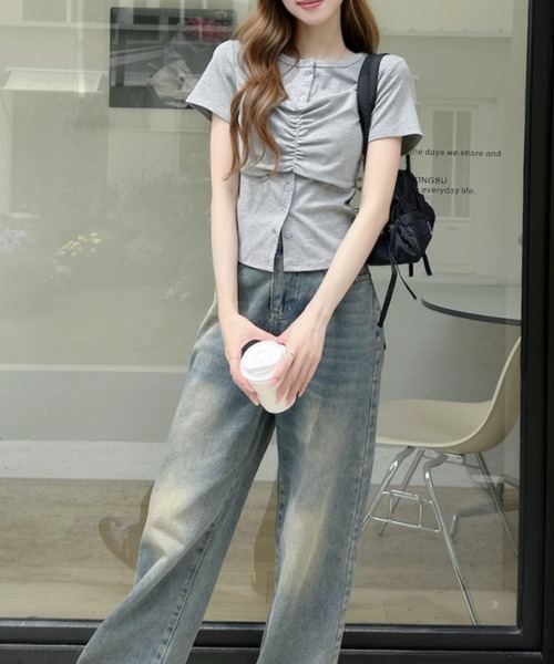 Ada.(エイダ)の「フロントギャザー ビスチェ風ヘンリーネック半袖カットソー(Tシャツ/カットソー・レディース・グレー/ブラック/ホワイト・FREE)」の21枚目の写真