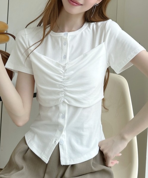 Ada.(エイダ)の「フロントギャザー ビスチェ風ヘンリーネック半袖カットソー(Tシャツ/カットソー・レディース・グレー/ブラック/ホワイト・FREE)」の4枚目の写真