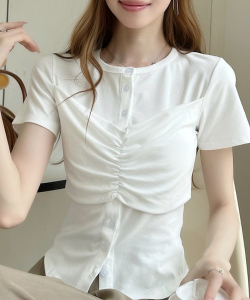 Ada.(エイダ)の「フロントギャザー ビスチェ風ヘンリーネック半袖カットソー(Tシャツ/カットソー・レディース・グレー/ブラック/ホワイト・FREE)」の5枚目の写真