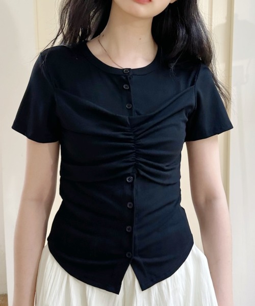 Ada.(エイダ)の「フロントギャザー ビスチェ風ヘンリーネック半袖カットソー(Tシャツ/カットソー・レディース・グレー/ブラック/ホワイト・FREE)」の12枚目の写真
