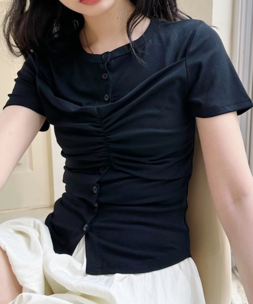 Ada.(エイダ)の「フロントギャザー ビスチェ風ヘンリーネック半袖カットソー(Tシャツ/カットソー・レディース・グレー/ブラック/ホワイト・FREE)」の14枚目の写真