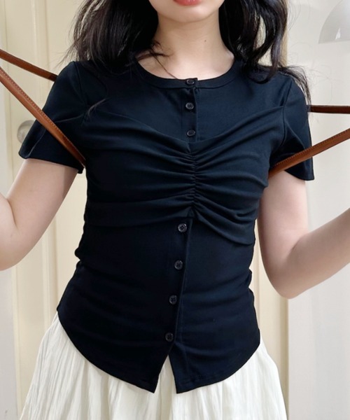 Ada.(エイダ)の「フロントギャザー ビスチェ風ヘンリーネック半袖カットソー(Tシャツ/カットソー・レディース・グレー/ブラック/ホワイト・FREE)」の10枚目の写真