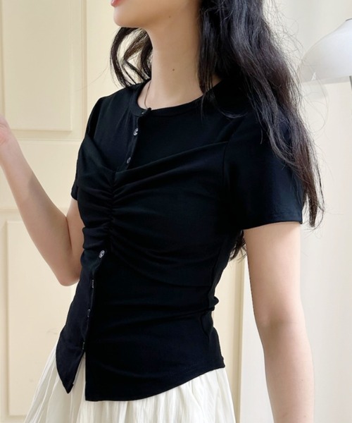 Ada.(エイダ)の「フロントギャザー ビスチェ風ヘンリーネック半袖カットソー(Tシャツ/カットソー・レディース・グレー/ブラック/ホワイト・FREE)」の11枚目の写真