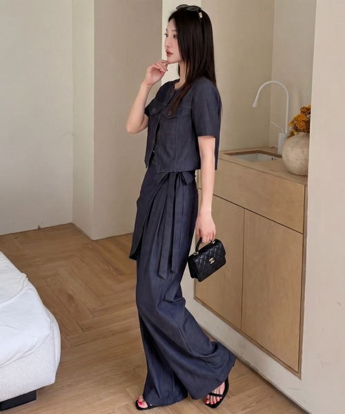 DRESS PLUS(ドレスプラス)の「ショートジャケット パンツセットアップ(セットアップ・レディース・ネイビー/ライトグレー・M/L)」の9枚目の写真