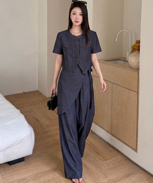 DRESS PLUS(ドレスプラス)の「ショートジャケット パンツセットアップ(セットアップ・レディース・ネイビー/ライトグレー・M/L)」の10枚目の写真