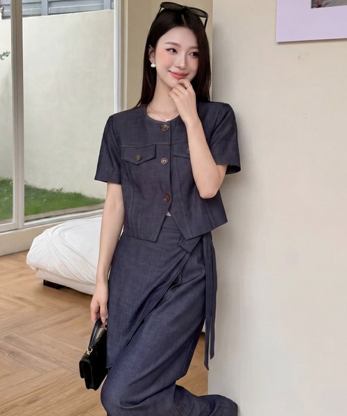 DRESS PLUS(ドレスプラス)の「ショートジャケット パンツセットアップ(セットアップ・レディース・ネイビー/ライトグレー・M/L)」の14枚目の写真