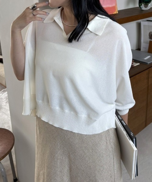 A part by(アパートバイ)の「【多機能】 シアーポロニットプルオーバー_5分袖(ニット/セーター・レディース・チャコールグレー/グリーン系その他4/アイボリー・FREE)」の2枚目の写真