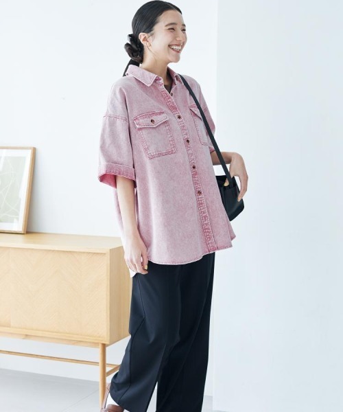 Right-on（ライトオン）の「HONEYSUCKLE ROSE(ハニーサックルローズ)【レディース】ケミカル加工ワーク半袖シャツ/セットアップ対応（シャツ/ブラウス・レディース・ベージュ/ピンク・S/M/L）」の10枚目の写真