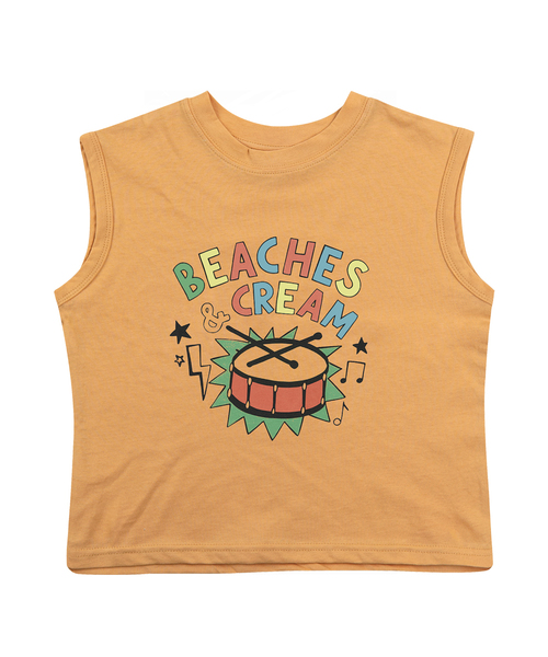 BEACHESAND CREAM KIDS(ビーチスアンドクリームキッズ)の「ドラム 袖なしTシャツ-マスタード(Tシャツ/カットソー・レディース・マスタード・SMALL/MEDIUM/LARGE)」の1枚目の写真