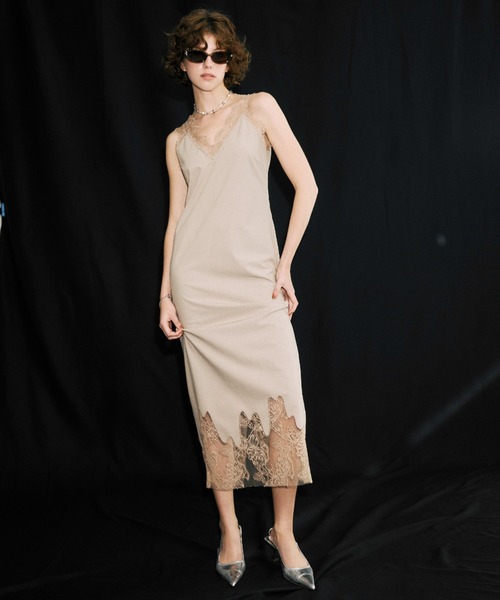 JOSE MOON（ジョゼムーン）の「LACE TLIM DRESS/レーストリムドレス（ワンピース・レディース・ベージュ/チャコールグレー/ブラック・36/38）」の9枚目の写真