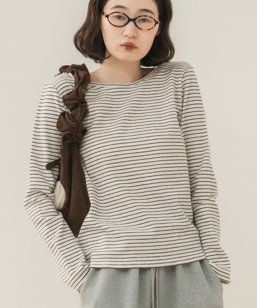 HEILIS（ヘイリス）の「前後2WAYネックPO/プルオーバー 長袖トップス 2WAYトップス 前後2WAY ボートネック 長袖カットソー ボーダートップス 無地トップス 韓国ファッション レディライク カジュアル デイリー 秋服 冬服 アイボリー ピンク グレー ブラック ボーダー（Tシャツ/カットソー・レディース・ホワイト系その他/アイボリー/ピンク/グレー/ブラック/ブラック系その他・FREE）」の3枚目の写真
