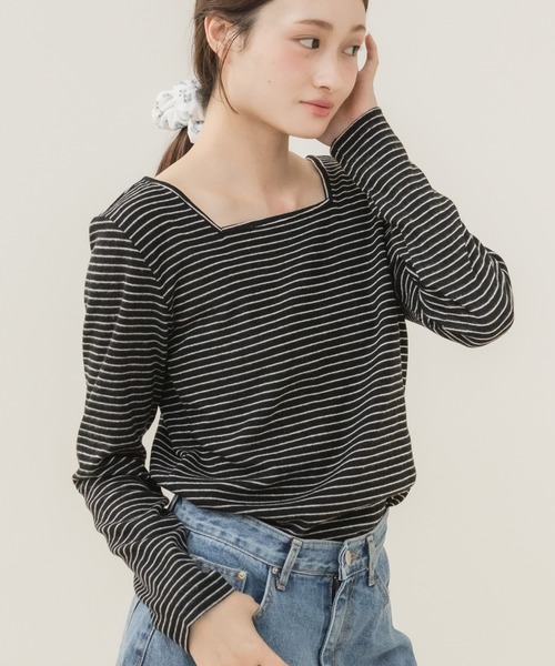 HEILIS（ヘイリス）の「前後2WAYネックPO/プルオーバー 長袖トップス 2WAYトップス 前後2WAY ボートネック 長袖カットソー ボーダートップス 無地トップス 韓国ファッション レディライク カジュアル デイリー 秋服 冬服 アイボリー ピンク グレー ブラック ボーダー（Tシャツ/カットソー・レディース・ホワイト系その他/アイボリー/ピンク/グレー/ブラック/ブラック系その他・FREE）」の5枚目の写真