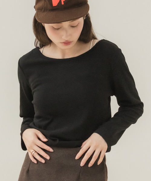 HEILIS（ヘイリス）の「前後2WAYネックPO/プルオーバー 長袖トップス 2WAYトップス 前後2WAY ボートネック 長袖カットソー ボーダートップス 無地トップス 韓国ファッション レディライク カジュアル デイリー 秋服 冬服 アイボリー ピンク グレー ブラック ボーダー（Tシャツ/カットソー・レディース・ホワイト系その他/アイボリー/ピンク/グレー/ブラック/ブラック系その他・FREE）」の4枚目の写真
