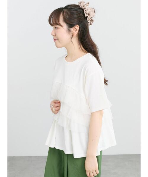 Samansa Mos2(サマンサ モスモス)の「【接触冷感/UVカット】チュールドッキングカットソー(Tシャツ/カットソー・レディース・ブラック/オフホワイト/サックスブルー・F)」の1枚目の写真
