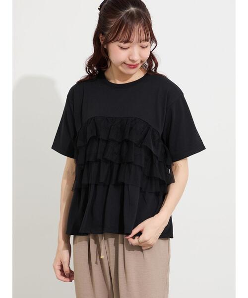 Samansa Mos2(サマンサ モスモス)の「【接触冷感/UVカット】チュールドッキングカットソー(Tシャツ/カットソー・レディース・ブラック/オフホワイト/サックスブルー・F)」の2枚目の写真
