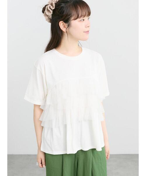 Samansa Mos2(サマンサ モスモス)の「【接触冷感/UVカット】チュールドッキングカットソー(Tシャツ/カットソー・レディース・ブラック/オフホワイト/サックスブルー・F)」の4枚目の写真