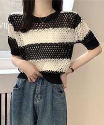 透かし編み ボーダー ニット トップス レディース 半袖 サマーニット メッシュ トップス シアー 配色 クルーネック カットソー カジュアル きれいめ 春 夏 秋