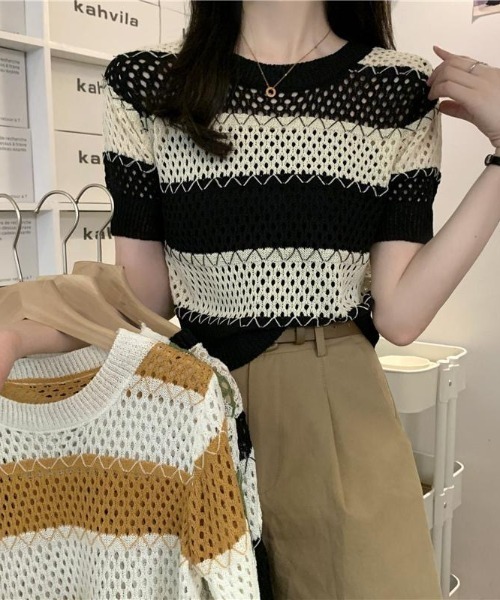 Beststore(ベストストア)の「透かし編み ボーダー ニット トップス レディース 半袖 サマーニット メッシュ トップス シアー 配色 クルーネック カットソー カジュアル きれいめ 春 夏 秋(ニット/セーター・レディース・ブラウン系/ホワイト系/ベージュ系・FREE)」の4枚目の写真