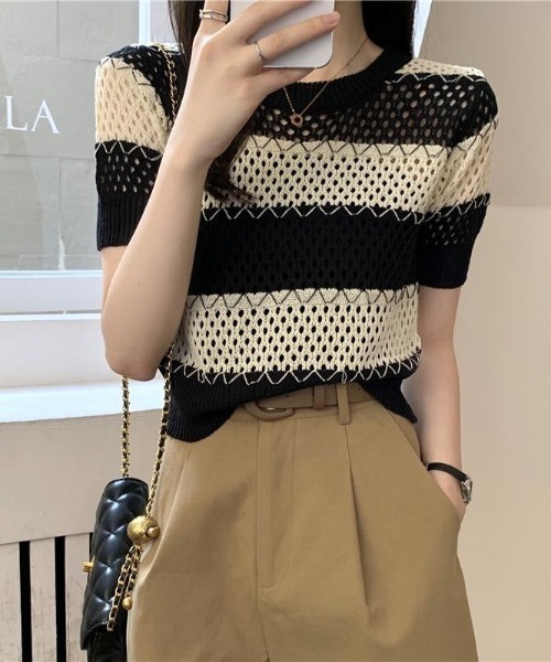 Beststore(ベストストア)の「透かし編み ボーダー ニット トップス レディース 半袖 サマーニット メッシュ トップス シアー 配色 クルーネック カットソー カジュアル きれいめ 春 夏 秋(ニット/セーター・レディース・ブラウン系/ホワイト系/ベージュ系・FREE)」の5枚目の写真