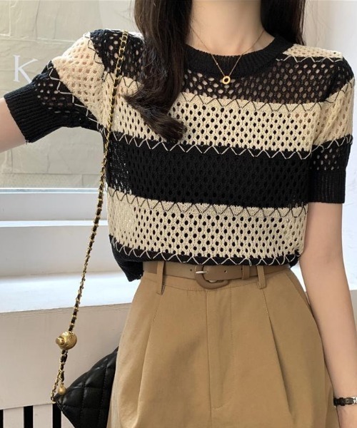 Beststore(ベストストア)の「透かし編み ボーダー ニット トップス レディース 半袖 サマーニット メッシュ トップス シアー 配色 クルーネック カットソー カジュアル きれいめ 春 夏 秋(ニット/セーター・レディース・ブラウン系/ホワイト系/ベージュ系・FREE)」の6枚目の写真