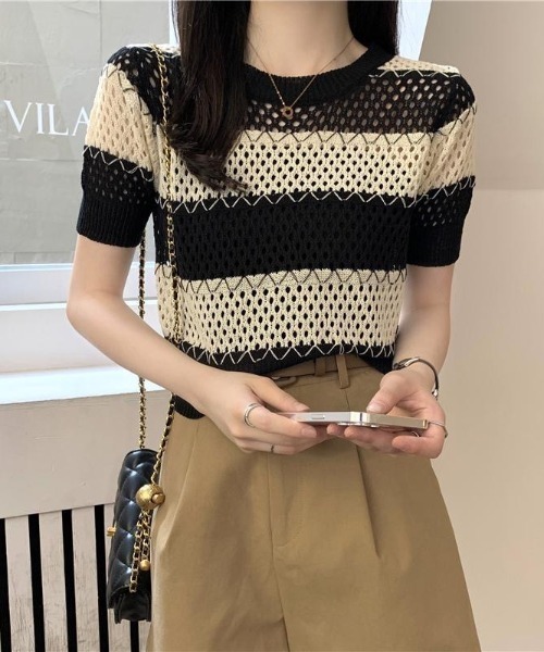 Beststore(ベストストア)の「透かし編み ボーダー ニット トップス レディース 半袖 サマーニット メッシュ トップス シアー 配色 クルーネック カットソー カジュアル きれいめ 春 夏 秋(ニット/セーター・レディース・ブラウン系/ホワイト系/ベージュ系・FREE)」の7枚目の写真