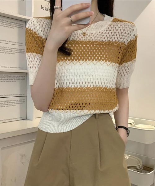 Beststore(ベストストア)の「透かし編み ボーダー ニット トップス レディース 半袖 サマーニット メッシュ トップス シアー 配色 クルーネック カットソー カジュアル きれいめ 春 夏 秋(ニット/セーター・レディース・ブラウン系/ホワイト系/ベージュ系・FREE)」の10枚目の写真