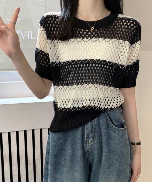 Beststore(ベストストア)の「透かし編み ボーダー ニット トップス レディース 半袖 サマーニット メッシュ トップス シアー 配色 クルーネック カットソー カジュアル きれいめ 春 夏 秋(ニット/セーター・レディース・ブラウン系/ホワイト系/ベージュ系・FREE)」の11枚目の写真