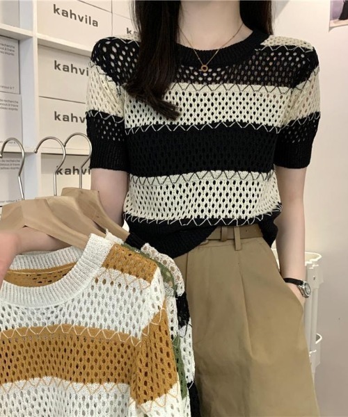 Beststore(ベストストア)の「透かし編み ボーダー ニット トップス レディース 半袖 サマーニット メッシュ トップス シアー 配色 クルーネック カットソー カジュアル きれいめ 春 夏 秋(ニット/セーター・レディース・ブラウン系/ホワイト系/ベージュ系・FREE)」の13枚目の写真