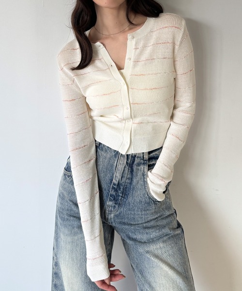 junoah(ジュノア)の「ボーダーシアーコンパクトニットカーディガン(カーディガン/ボレロ・レディース・チャコール/アイボリー/ネイビー・LARGE/MEDIUM)」の1枚目の写真