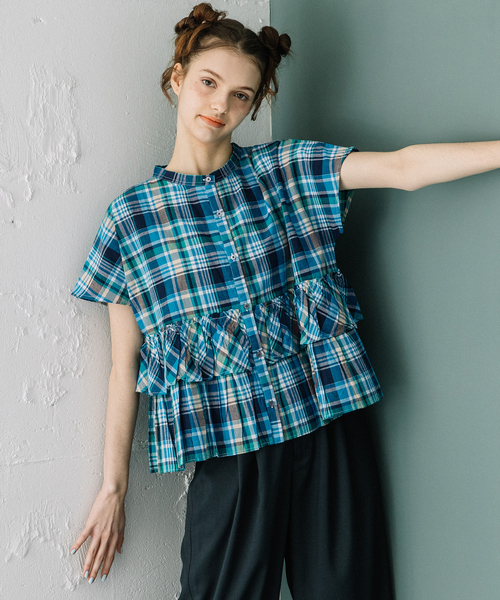 POU DOU DOU（プードゥドゥ）の「＜made in INDIA＞Madras check Blouse（シャツ/ブラウス・レディース・ネイビー/ブルー/ピンク・M）」の3枚目の写真
