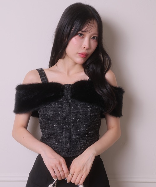 LIPSERVICE（リップサービス）の「ファーオフショルツイードトップス（Tシャツ/カットソー・レディース・アイボリー/ベージュ/ブラック・FREE）」の9枚目の写真