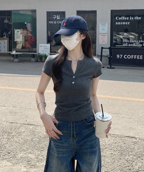Girly Doll(ガーリードール)の「ヘンリーネックベーシックTシャツ(Tシャツ/カットソー・レディース・グレー/ネイビー/ホワイト・L/M)」の6枚目の写真