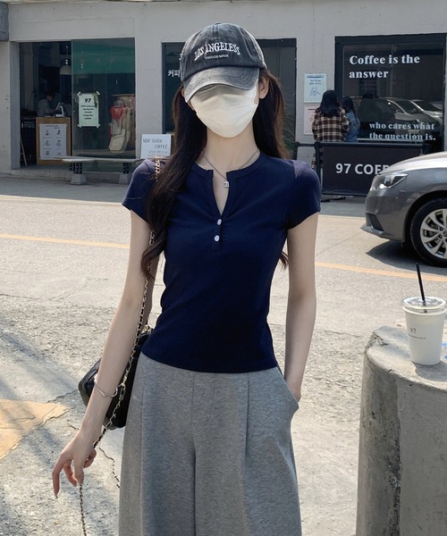 Girly Doll(ガーリードール)の「ヘンリーネックベーシックTシャツ(Tシャツ/カットソー・レディース・グレー/ネイビー/ホワイト・L/M)」の18枚目の写真