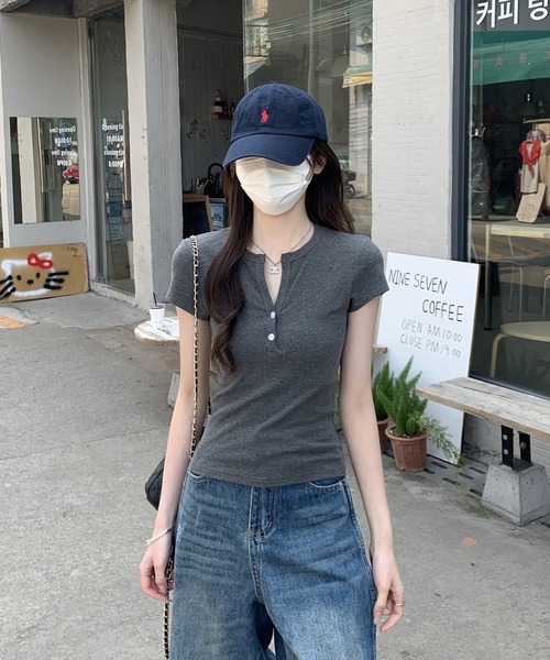 Girly Doll(ガーリードール)の「ヘンリーネックベーシックTシャツ(Tシャツ/カットソー・レディース・グレー/ネイビー/ホワイト・L/M)」の15枚目の写真